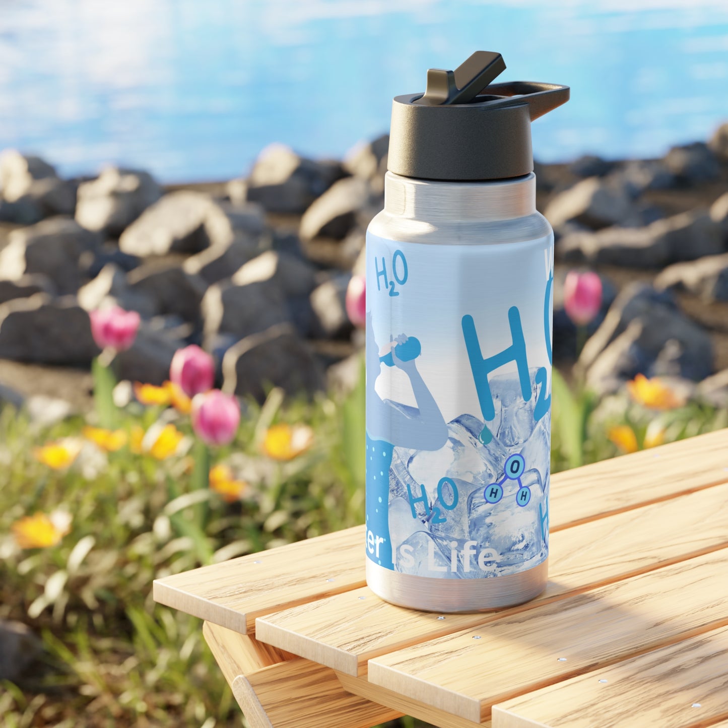 Water bottle or favourite beverage, stainless steel bottle with drinking straw included, Gator Tumbler, 32oz (0.95L), Recyclable, US Post.