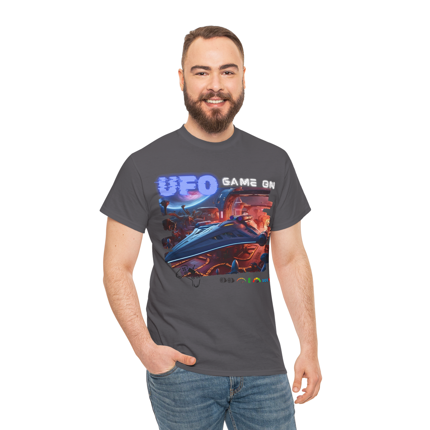 UFO T-Shirt, Aliens Tee 100% Top range Cotton from the USA, Charcoal Colour, AUS-USA-CAN warehouse.