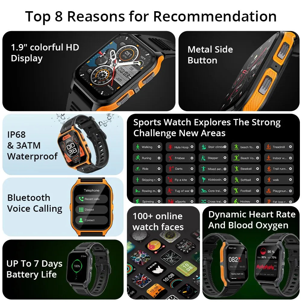 Smartwatch, Health monitoring, Fitness tracker, Call / Answer, Full Touchscreen, Multiple front screens, Bluetooth Android-IOS, Sports modes, Blood Pressure , USB Rechargeable, others top features.